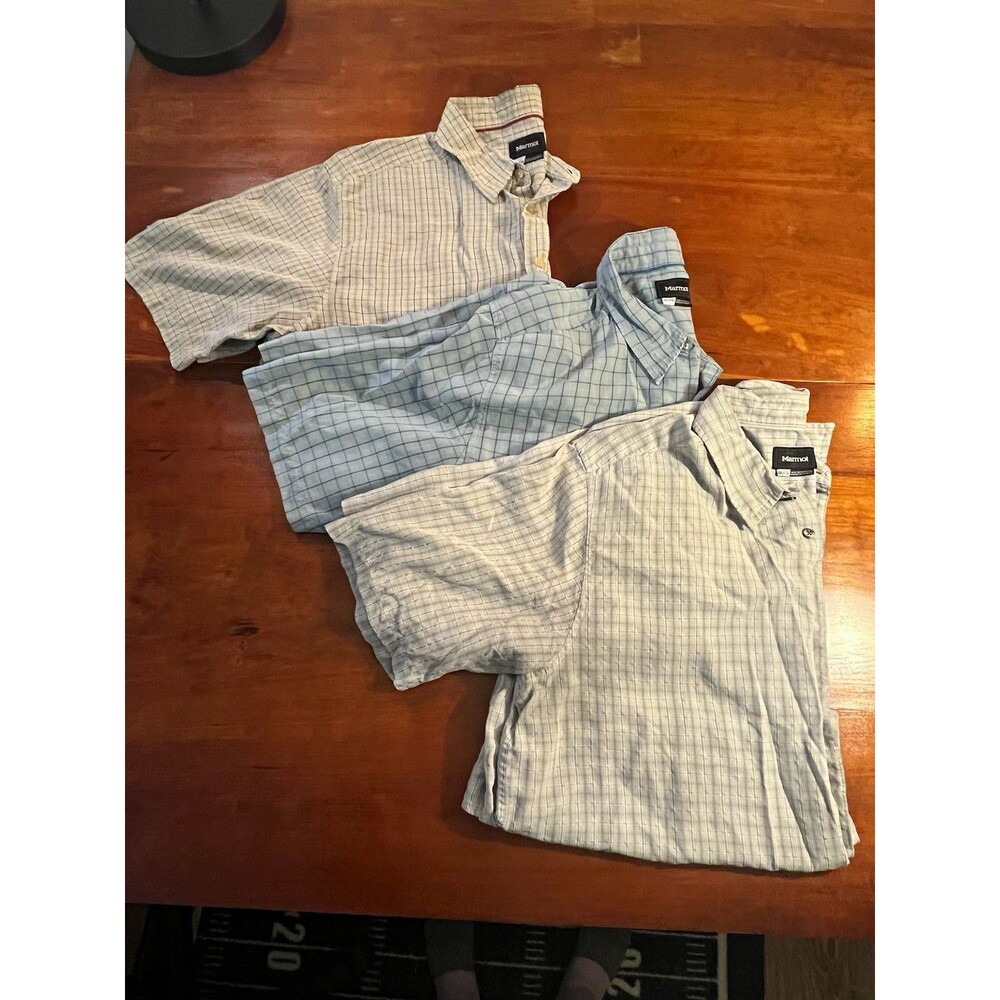 Lot Marmot Men's Blue/White Check Short Sleeve ButtonUp Shirt 2XL Hiking Leisure